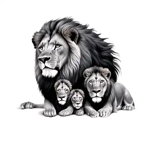 Family Of Lions One After Another