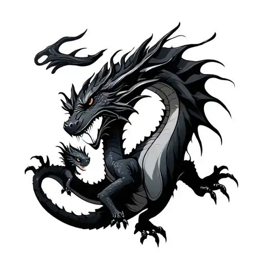 Black Dragon With Baby Dragon
