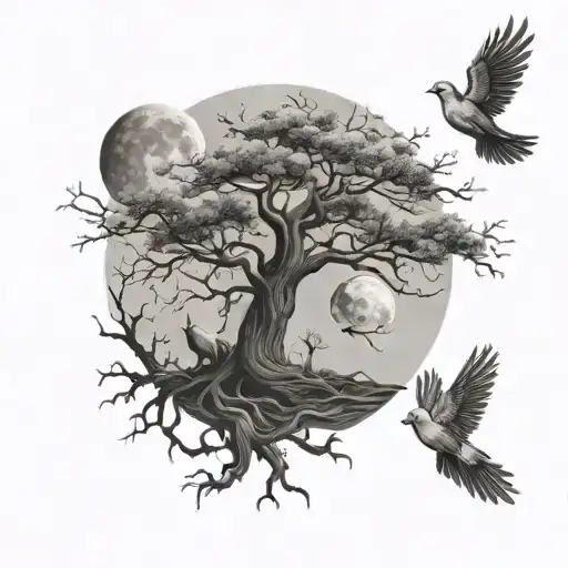 Poison Tree With Roots And Doves In The Background And A Full Moon