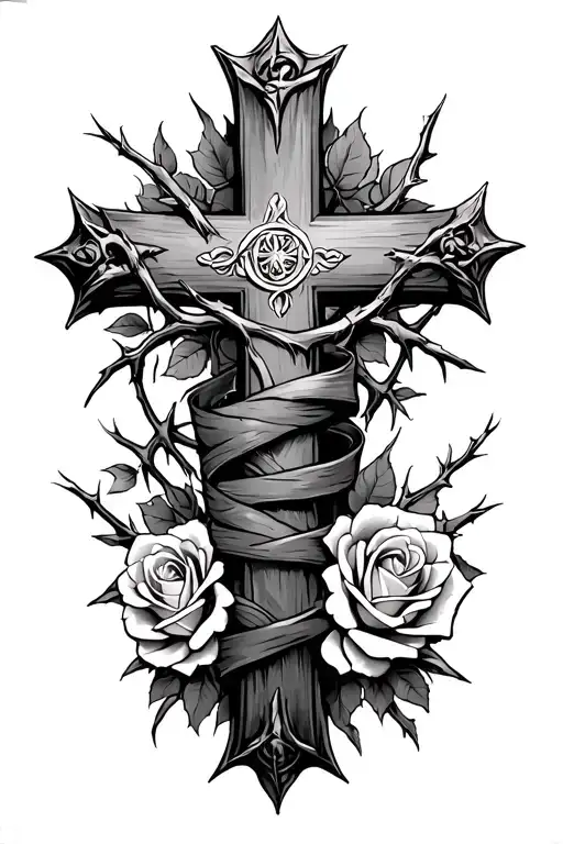 Cross Wrapped In Thorns And Roses