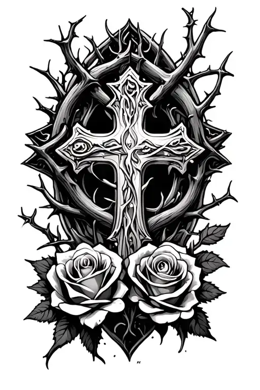 Cross Surrounded In Thorns And Roses