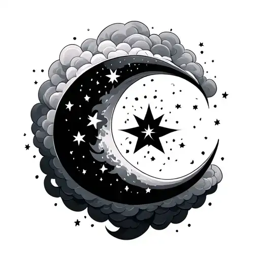 Crescent Moon Covered In Clouds And Stars