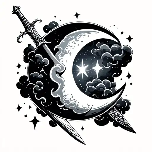 Crescent Moon Covered In Clouds And Stars And A Dagger