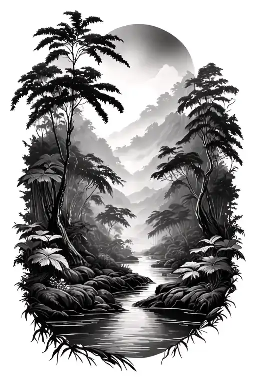 Rainforest Landscape Tattoo Featuring Elements