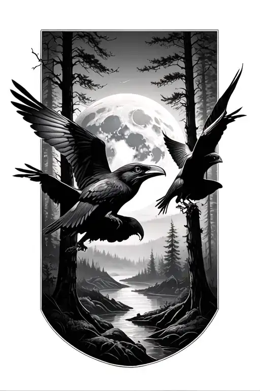 Ravens Flying In The Forest With Full Moon