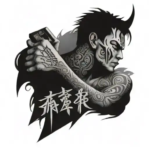 Half Demon Half Angle Human With 333 And Japanese Lettering And Cracked Face