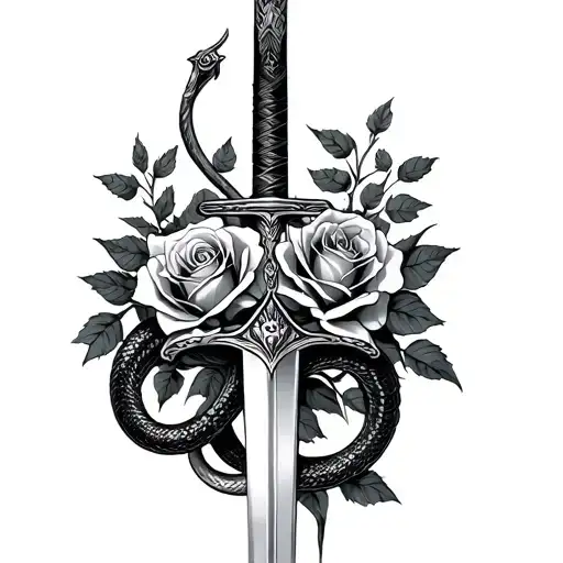Roses Around A Sword And A Snake Wrapped