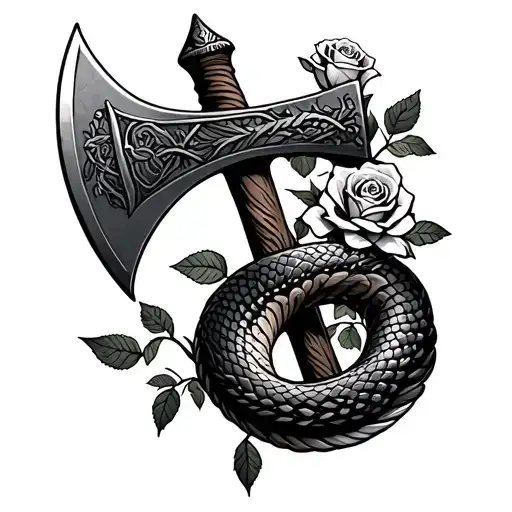 Roses Around A Viking Axe And A Snake Wrapped Loosely