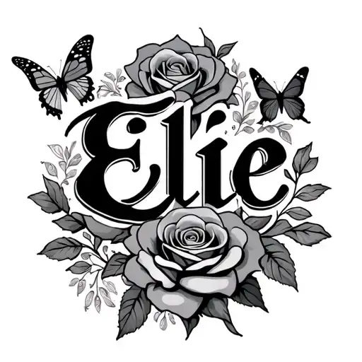 The Word Ellie In Fancy Writing With Rose And Butterfly Around It