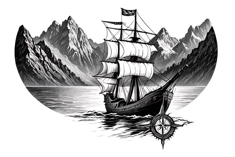 Viking Ship And Compass And Mountains Panorama