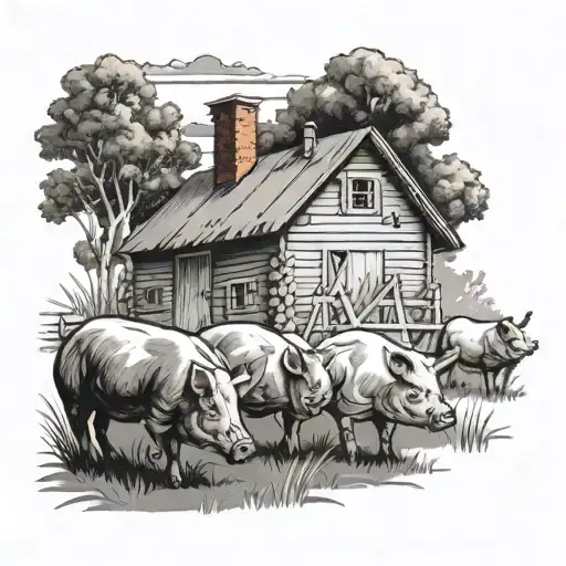 Homestead With Pigs And Chickens Grazing Peacefully