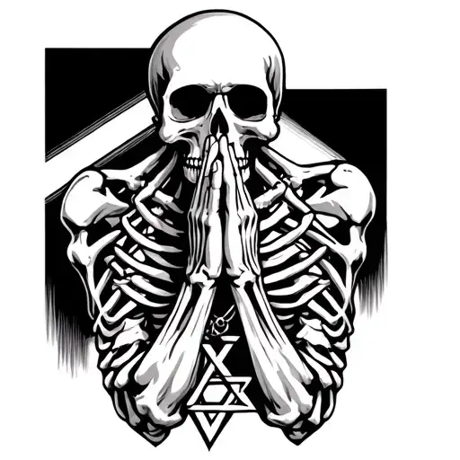 Skeleton Praying Holding Star Of David Necklace