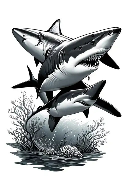 A Wale Shark With A Reef Shark Swimming With Each Other In A Fine Line Style