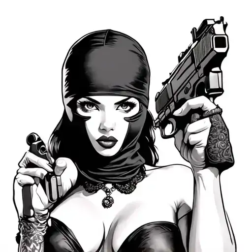 Pin Up Girl With Gun And Balaclava On Head