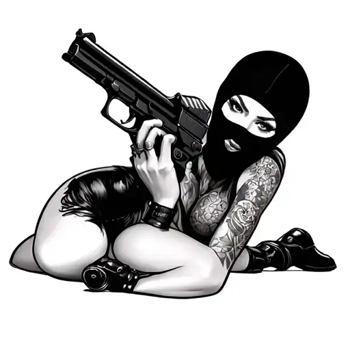 Pin Up Girl Lie With Gun And Balaclava On Head