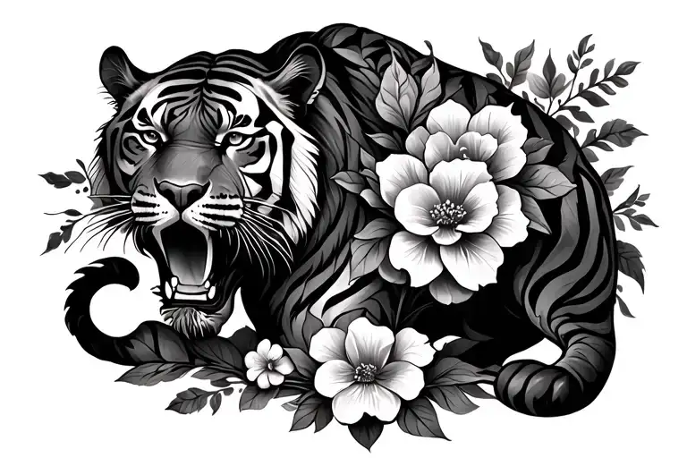 Lower Back Tiger Surrounded By Flowers Intertwined