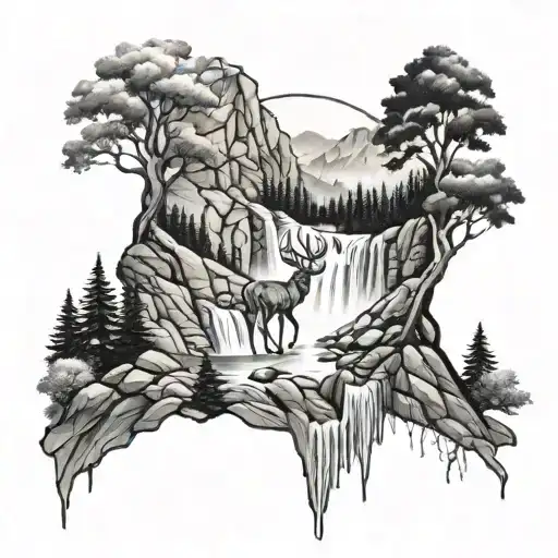 Mountains Deer Waterfall Cascading