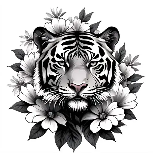 Lower Back Tiger Surrounded By Flowers Intertwined