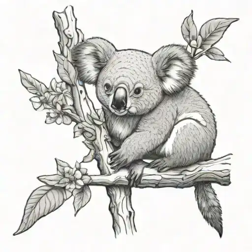 Koala Bear In Tree With Hummingbird Perched Next To It