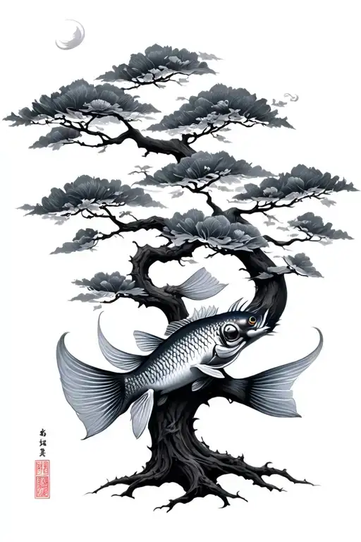Coi Fish Tree With Chinese Symbols