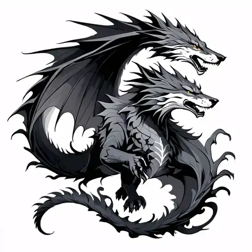 Wolf And Dragon Flying