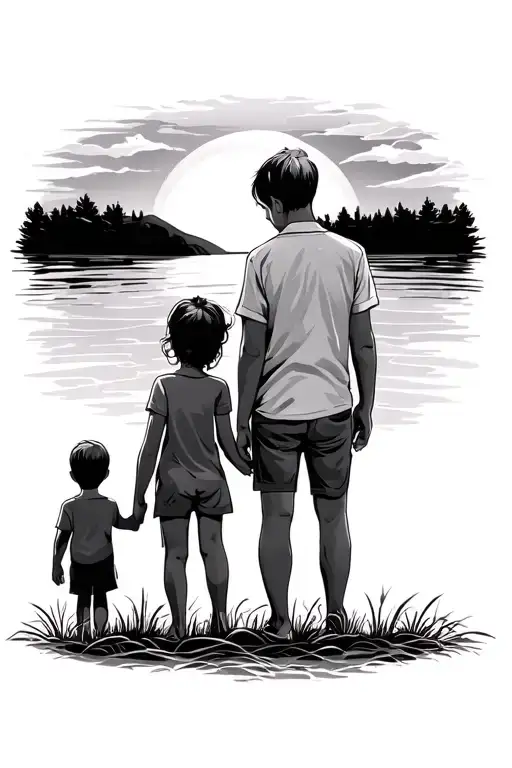 Family With Two Adults And Two Childrens They Look At The Sunset With Their Backs To Us