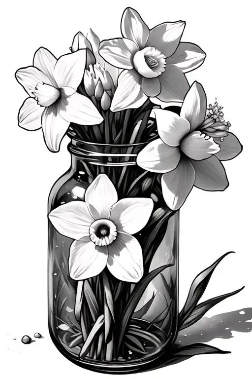 Daffodil Bouquet In A Broken Glass Bottle Full Of Flowers