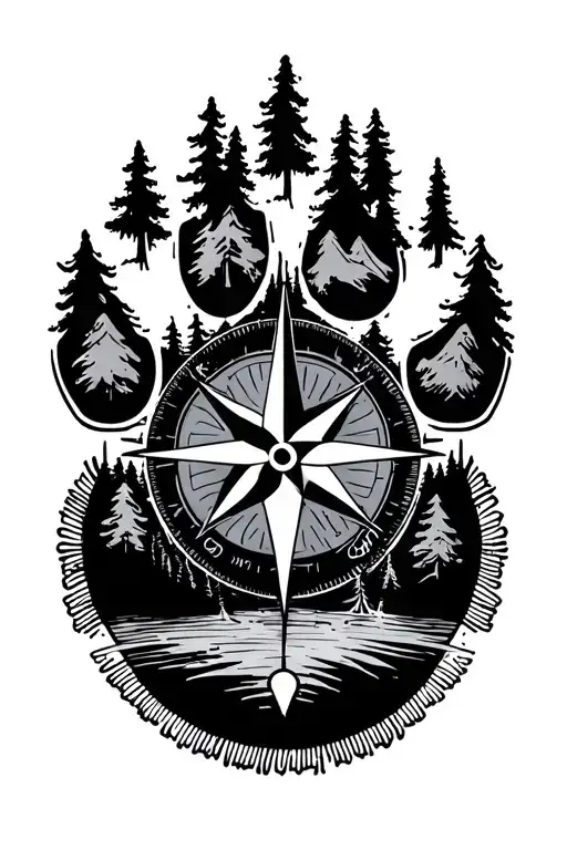 Geometrical Nature Hiking Compass Paw Print Bigfoot