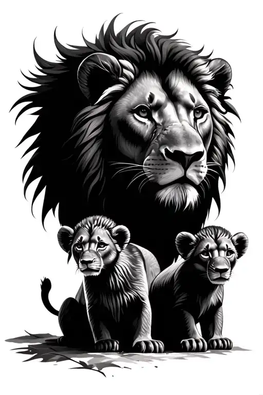 Lion Head With Three Cub Heads Looking Forward