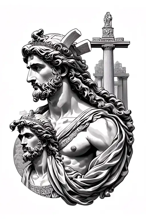 Greek Gods With Temples In The Back