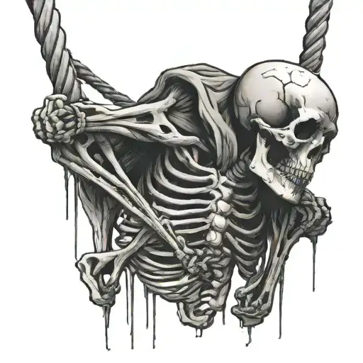 Skeleton Looking Up At A Rope Hanging Down In Front Of It To Climb Up