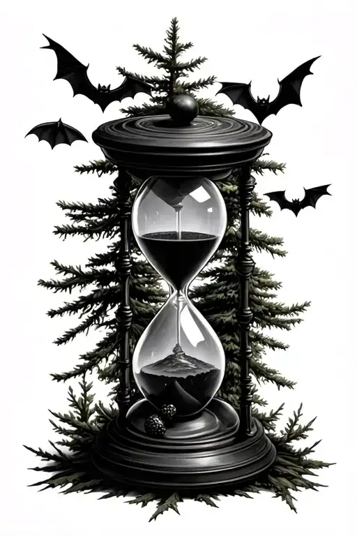 Dark Realistic Hourglass With Evergreen Trees Bats Gloomy Outdoors Feminine Classy Scary