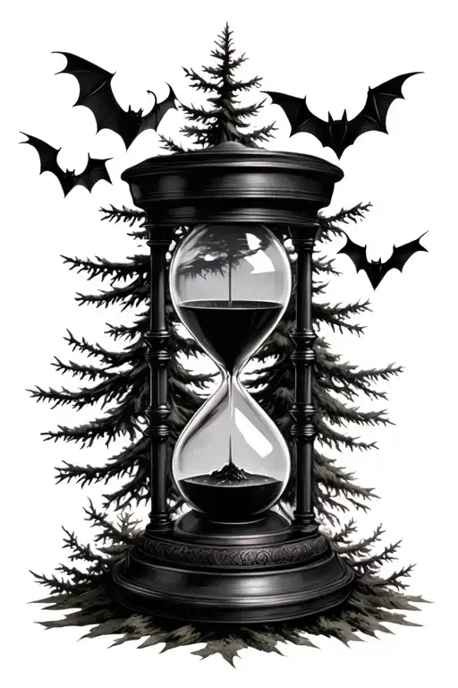 Dark Realistic Hourglass With Evergreen Trees Bats Gloomy Outdoors Feminine Classy Scary