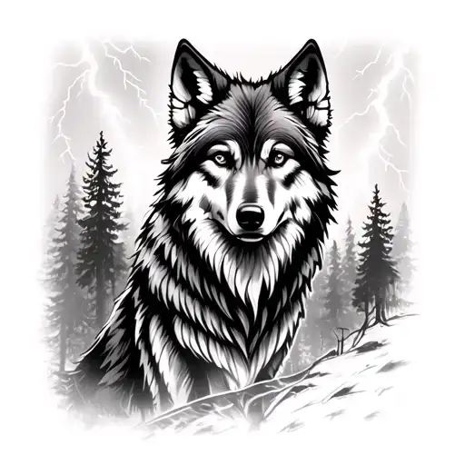 Tattoo Of A Wolf In A Forest With Lightning In The Background