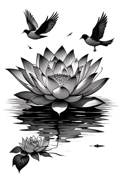 A Lotus Flower With Doves Flying Around And Over The Lotus Flower