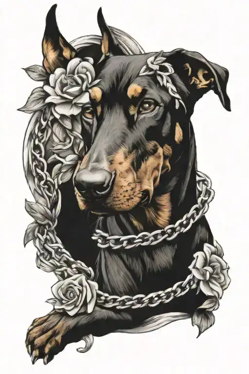 Doberman With Flowers And Chains
