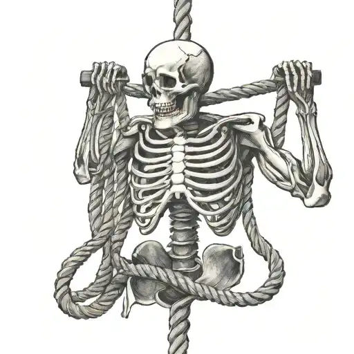Skeleton Looking Up At A Rope Hanging In Front Of It