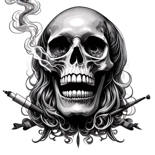 Female Skull Smoking Joint Surrounded By Smoke Turning Into Skulls
