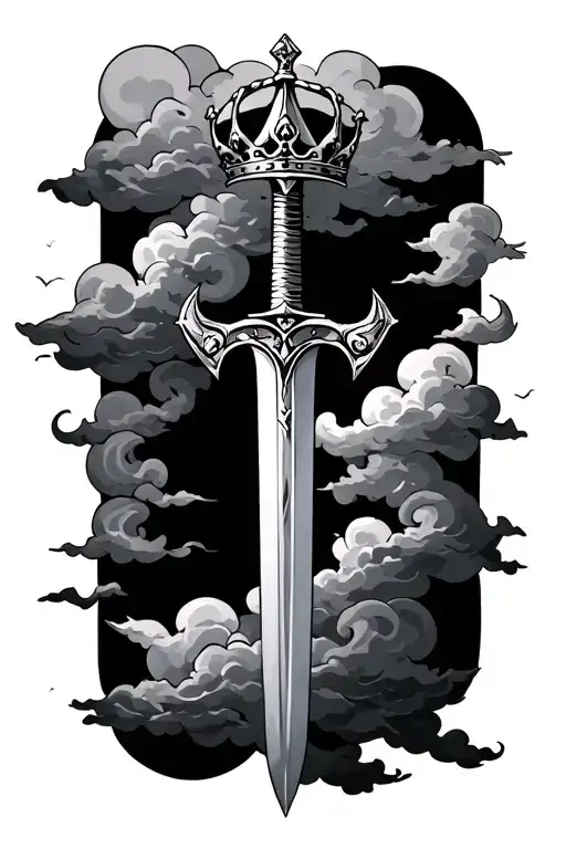 Sword Straight Up With Crown Surrounded By Clouds