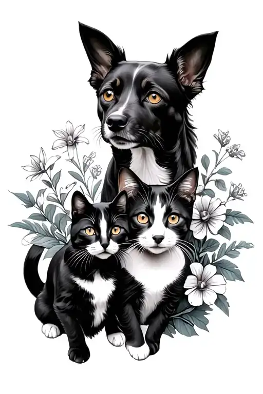 Dog And Cat With Flowers Growing