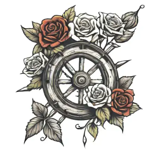 Wagon Wheel With Broken Spoke And Red Roses Growing