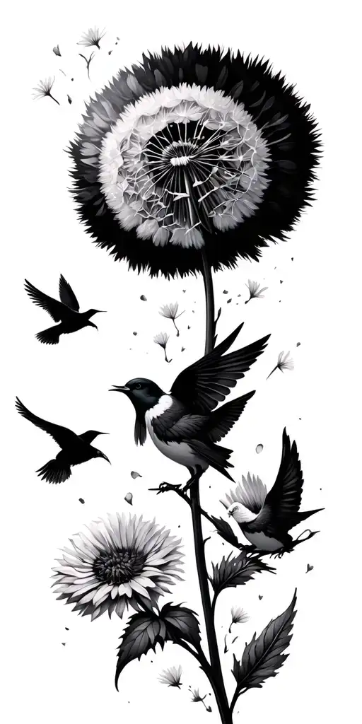 Dandelion With Flying Petals Converting Into Few Birds Tattoo From Wrist To Shoulder And Neck