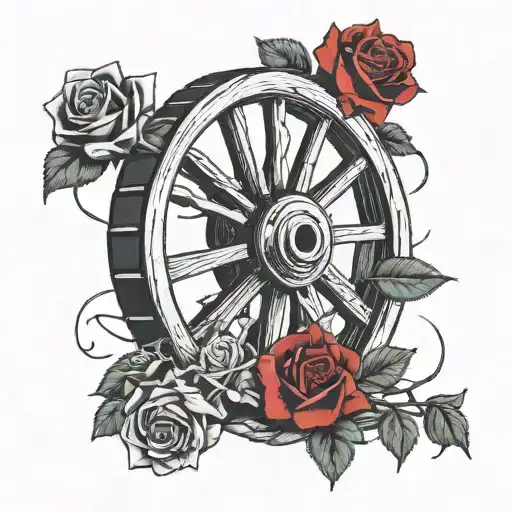 Wagon Wheel With Broken Spoke And Red Roses Growing