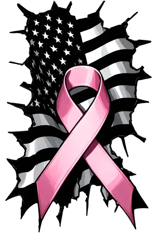 Shattered American Flag With Breast Cancer Ribbon Intertwined