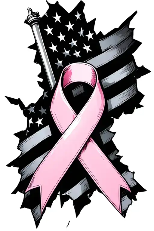 Shattered American Flag With Breast Cancer Ribbon Intertwined