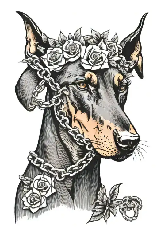 Doberman Head With Flowers And Chains Surrounded By Thorns