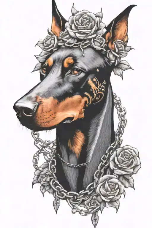 Doberman Head With Flowers And Chains Surrounded By Thorns