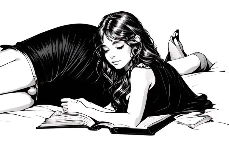 Fine Line Girl Reading Book Lying Down