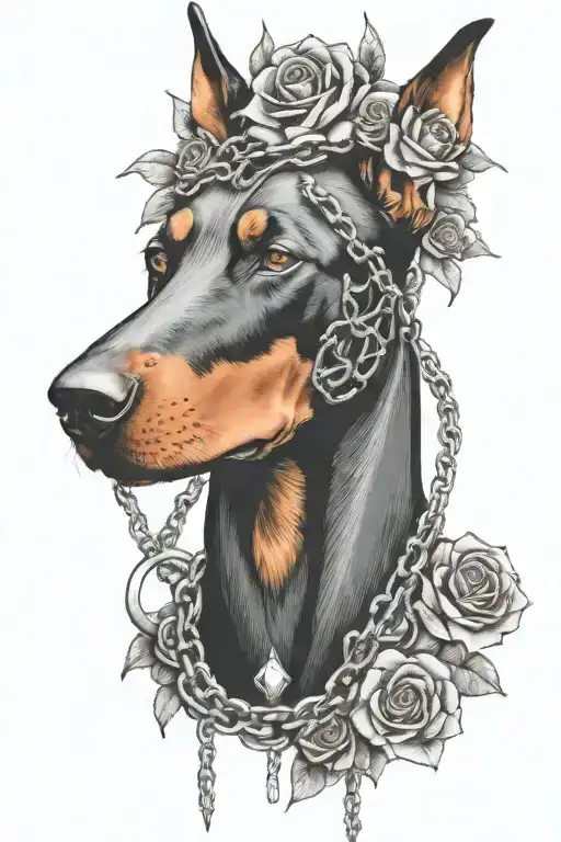 Doberman Head With Flowers And Chains Surrounded By Thorns