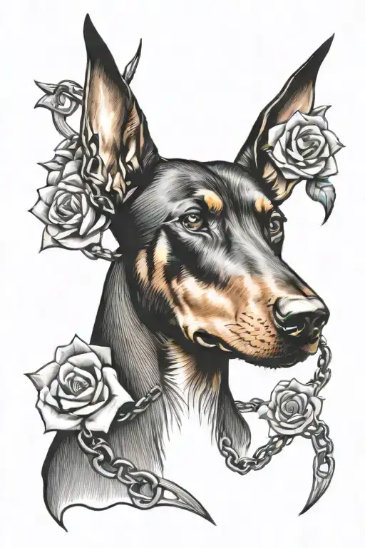 Doberman Head With Flowers And Chains Surrounded By Thorns
